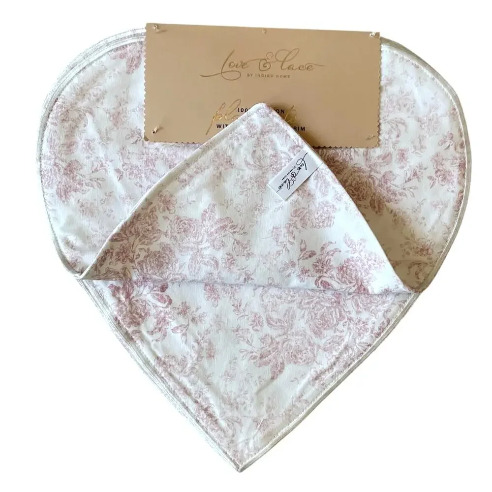 Love & Lace Heart Shaped Valentine Placemats 4pc 15in Cotton Pink Floral NEW